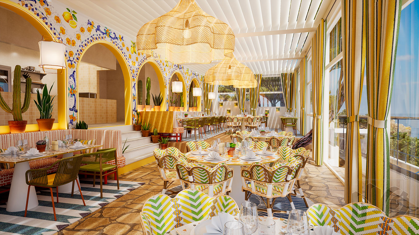 image 3d d'une terrasse de restaurant couverte en bord de mer