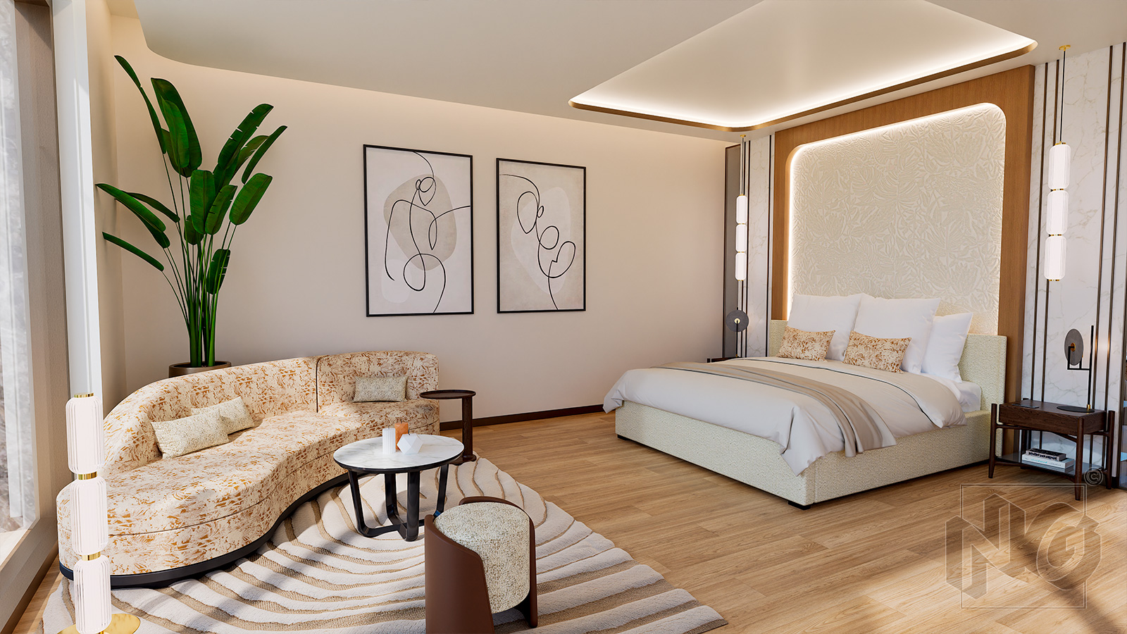 image 3d d'une chambre parentale avec canapé et table basse