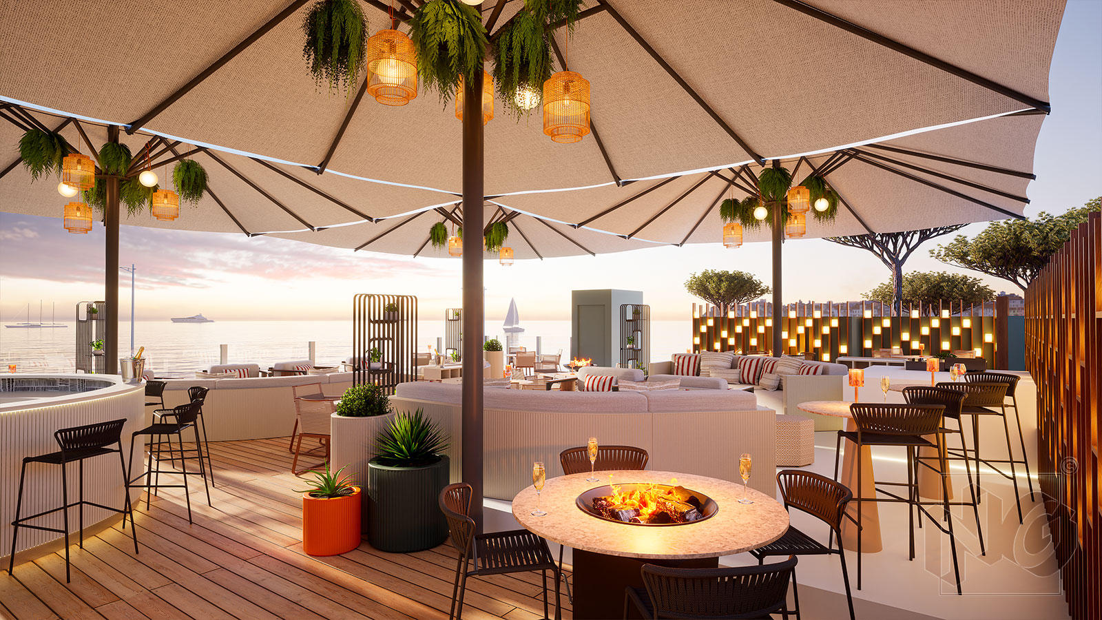 images 3d d'un rooftop avec au premier plan une table haute, avec au centre un brasero
