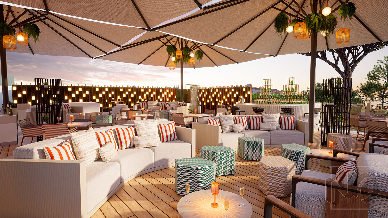 image 3d d'un rooftop avec des canapés et parasols sur un sol en lames de bois