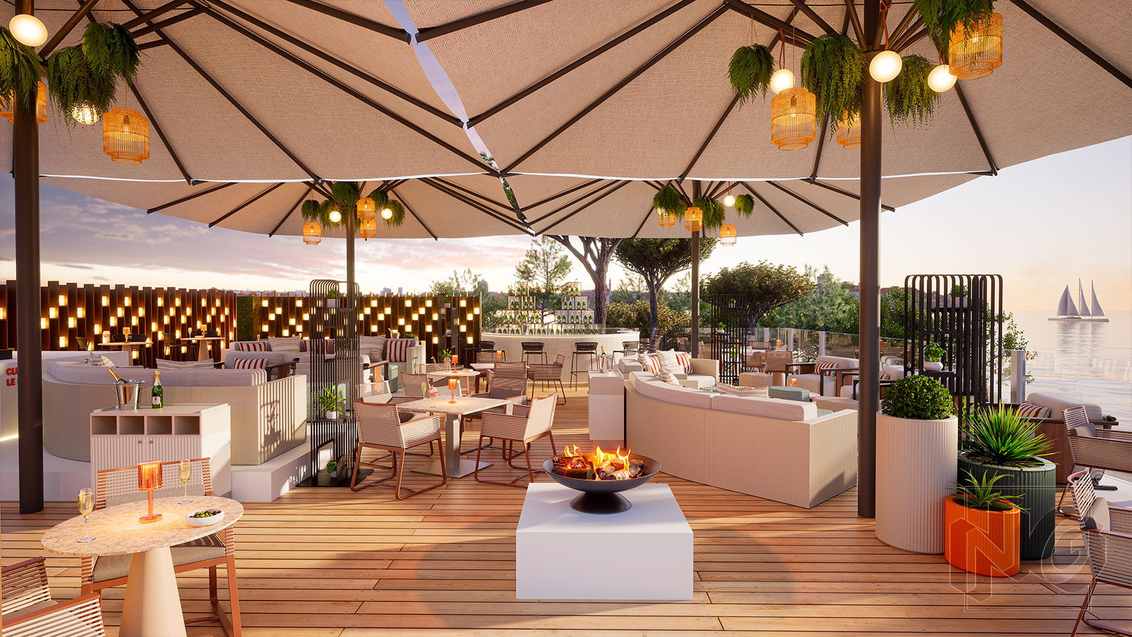 image 3d d'un rooftop avec vue sur la mer